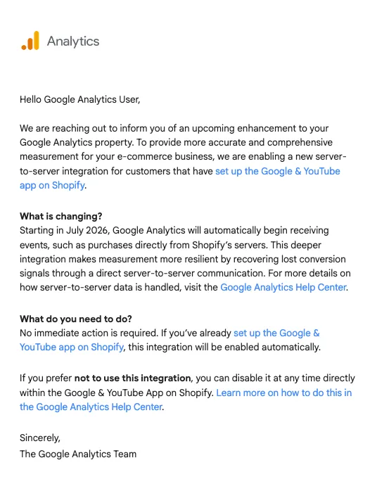Google Analytics email announcing the Shopify server-to-server integration